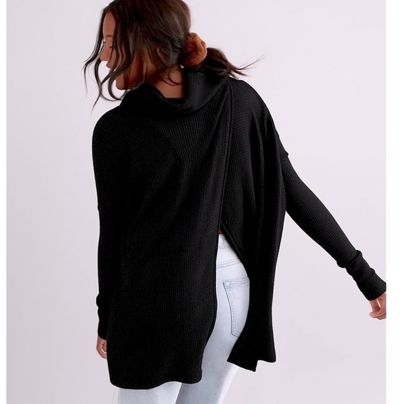 Free People Sweaters - FREE PEOPLE Black Cowl Neck Oversized Cross Backed Rib Knit Sweater